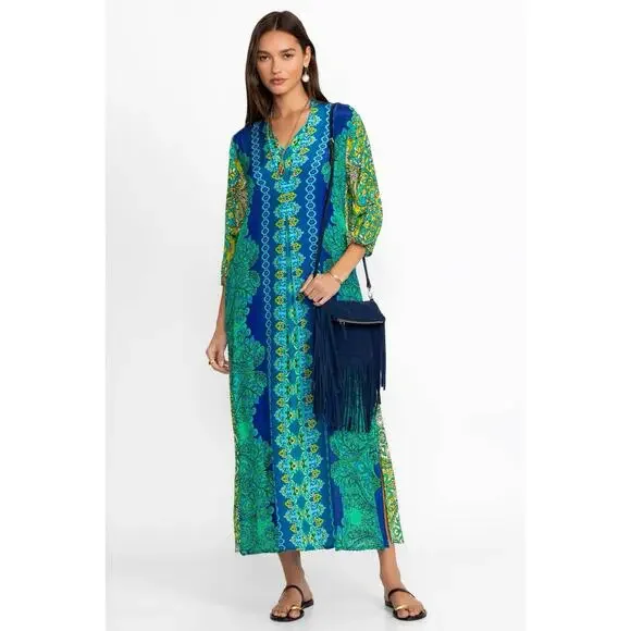 Johnny Was 100% Silk Kahinu Kaftan Boho Arstsy Maxi Dress Blue Green S NWT - Picture 2 of 10